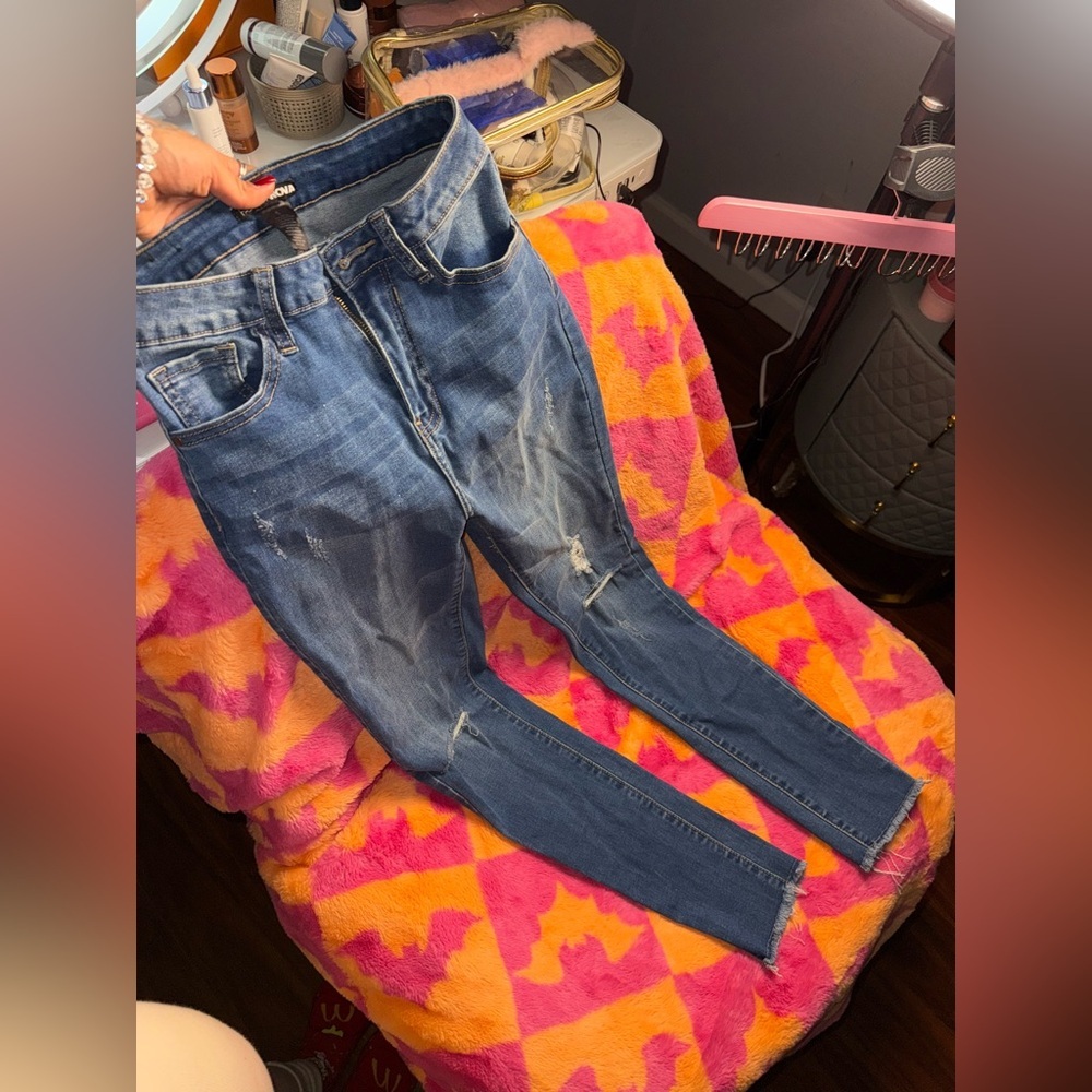 Fashion Nova Dark Blue Distressed Skinny Jeans - Picture 5 of 8